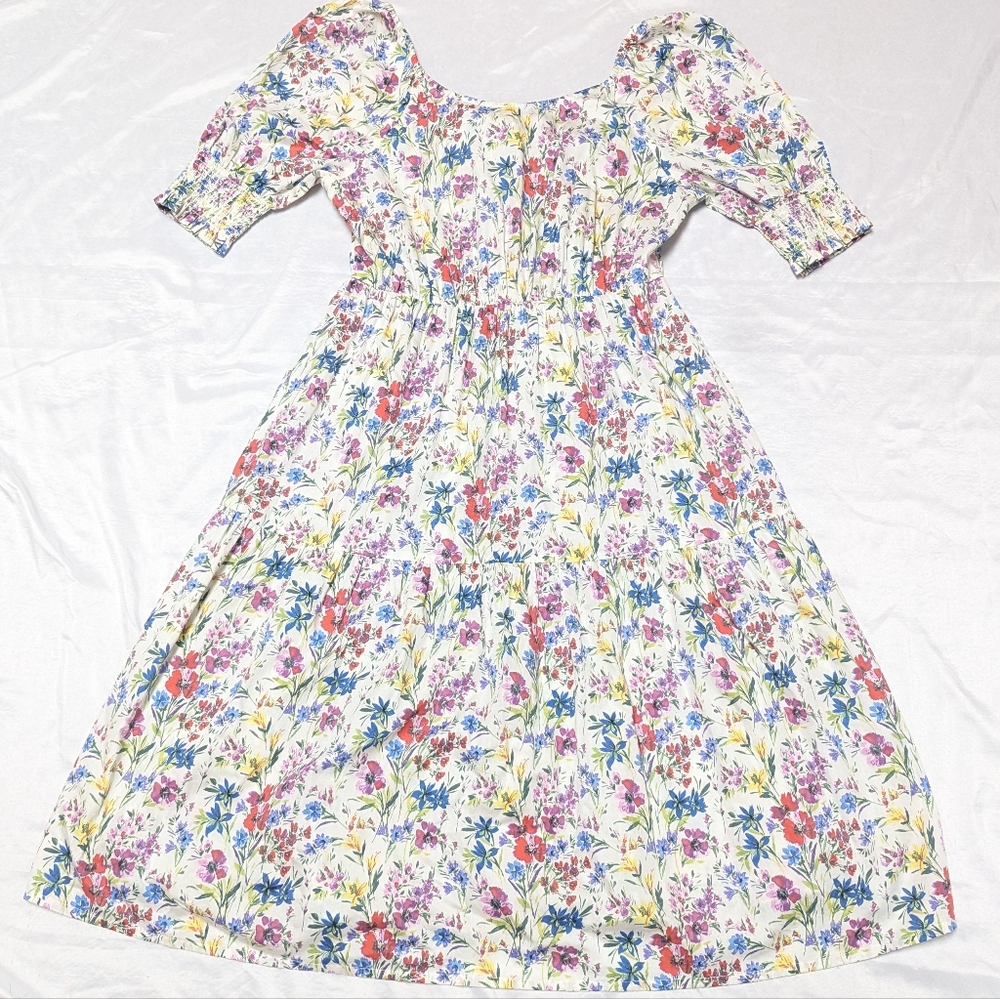 Global Pearl Garden Party Puff Sleeve Cottagecore Floral Midi Dress Approx M SEE